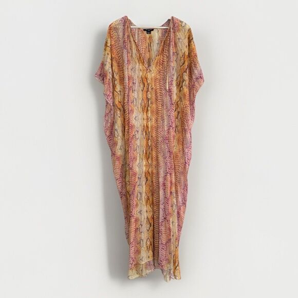 MARCIANO Kaftan Maxi Dress Size M L Orange Yellow Snake Print Boho Summer Beach - Picture 3 of 12